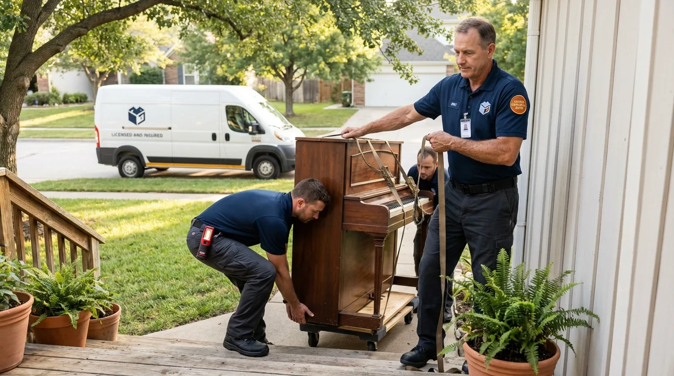 Licensed piano movers securing grand piano in Millersburg, PA
