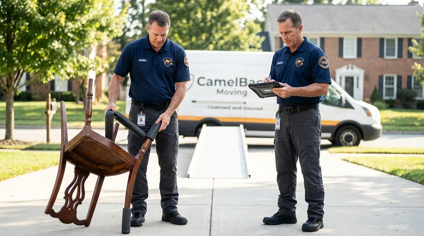 Movers inspecting furniture for damage prevention before loading in Millersburg, PA