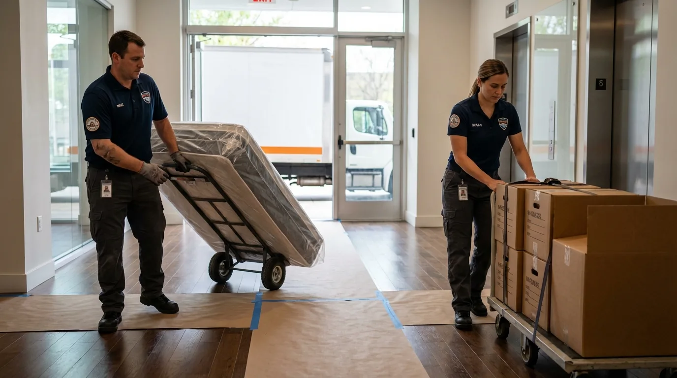 Professional apartment movers loading elevator in Millersburg, PA